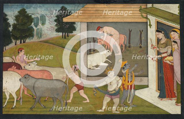 Krishna and Lakshmana Taking the Cattle Out to Graze, page from the Bhagavata Purana, c. 1780-1790. Creator: Unknown.