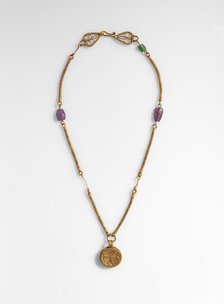 Gold Necklace with Gold Cross, Two Amethysts, and an Emerald Plasma, Byzantine, 6th-7th century. Creator: Unknown.