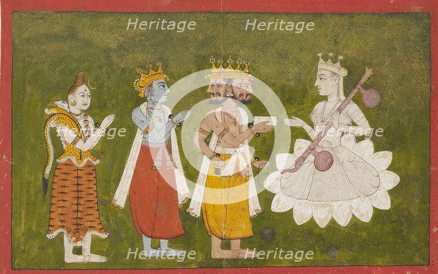 Devi revered by Brahma, Vishnu, and Shiva, c1710. Artist: Unknown.