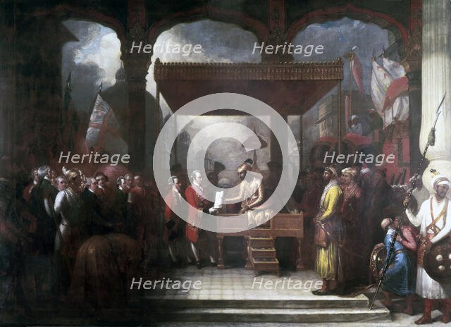 Robert Clive receiving the land revenues of Bengal, Bihar and Orissa, 1765, (early 19th century). Creator: Benjamin West.