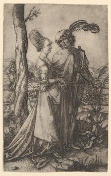 Lord and lady walking with figure of death hiding behind a tree, holding an hourg..., ca. 1500-1534. Creator: Marcantonio Raimondi.