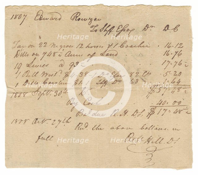 Record of taxes on property, including enslaved persons, owned by Edward Rouzee, October 27, 1808. Creator: Unknown.