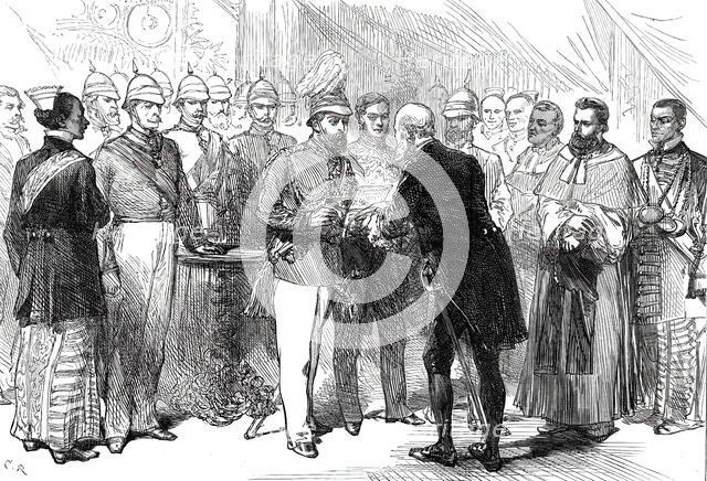 Mr. Layard presenting to the Prince of Wales the address of the Municipal Council..., 1876. Creator: C. R..