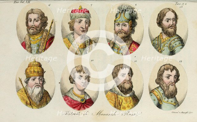 6. Yaroslav 7. Sviatoslav II 8. Sviatopolk 9. Vladimir Monomakh 10. Yuri I 11. Ivan II 12. Dmitry Donskoy 13. Ivan III, 1831. Artist: Giarrè, Luigi (1772-1844)