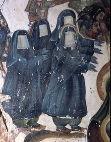 Veiled women in mourning dresses, for the death of their husbands in combat, 17th century murals.