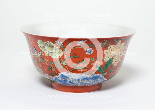Bowl with Flowers on a Coral-Red Ground, Qing dynasty, Yongzheng reign mark (1723-1735). Creator: Unknown.