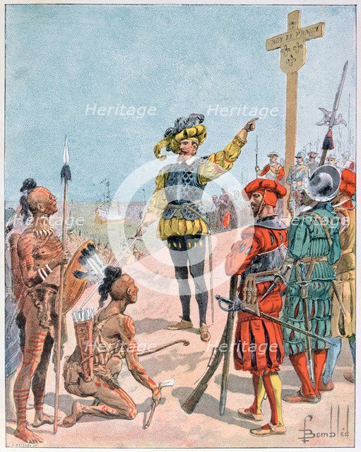 Jacques Cartier takes possession of the Bay of Gaspe, Canada, 1534 (1900). Artist: L Geisleh