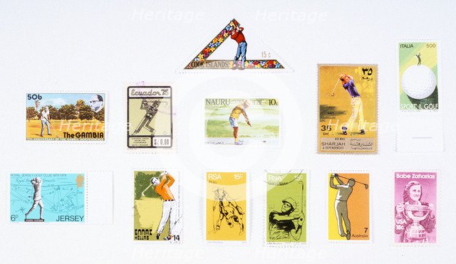 Stamps from various countries, with golfing theme, 20th century. Artist: Unknown