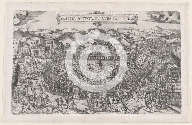 Speculum Romanae Magnificentiae: Carnival games held in the Mount Testaccio in Rome, 1558., 1558. Creators: Vincenzo Luchino, Monogrammist ITF.
