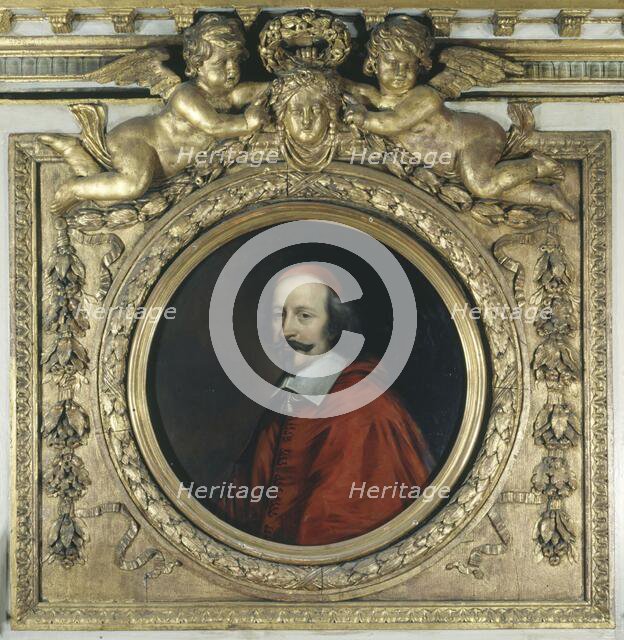 Cardinal Jules Mazarin (1602-1661). Portrait encased in wooden fireplace mantel... Creators: Pierre Mignard, Robert Nanteuil.