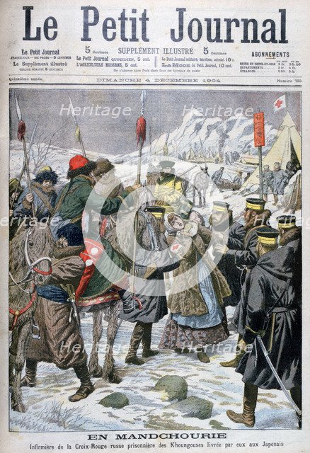Russian nurse taken prisoner by the Manchus being handed over to the Japanese, Manchuria, 1904. Artist: Unknown