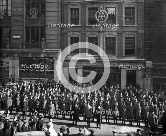 Mass enlistment of AA road scouts in the British Army, London, September 1914. Artist: Adolph Augustus Boucher.