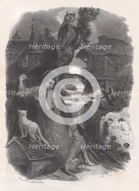 Night; vignette of girl in 18th century costume picking roses on verso, ca. 1830-65. Creator: Célestin Nanteuil.