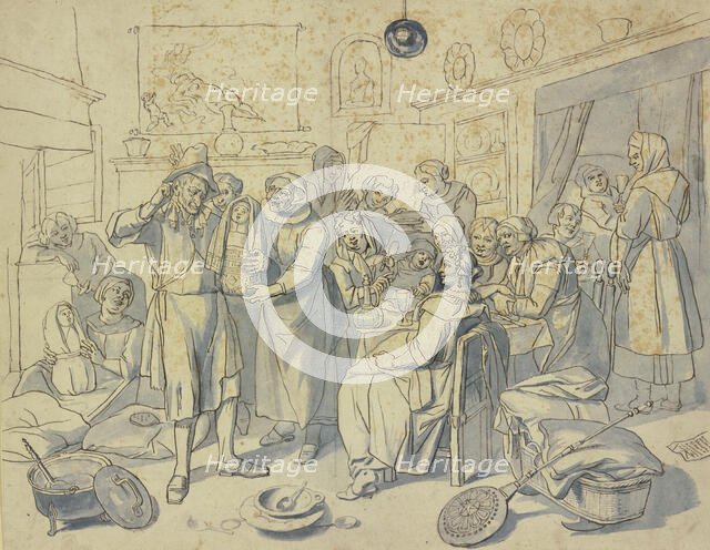 A man is born with twins; he scratches behind his ears because of the abundant blessing..., 1668. Creator: Unknown.