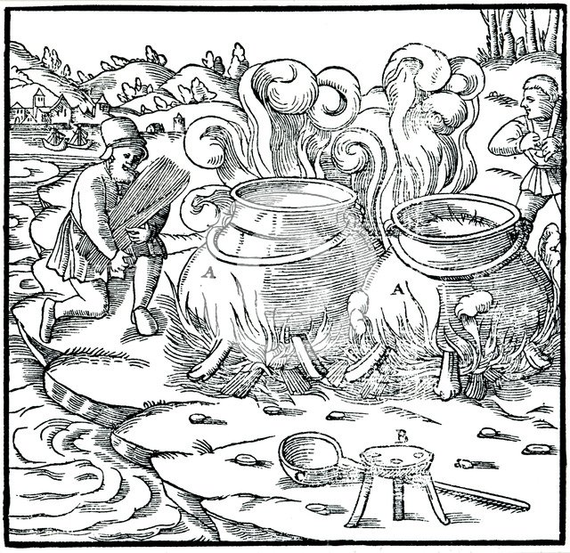 Evaporating sea water in iron pots to obtain salt, 1556. Artist: Unknown