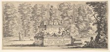 Plate 1: a monument with statues and a coat of arms in the center, a draughstman on th..., ca. 1641. Creator: Stefano della Bella.