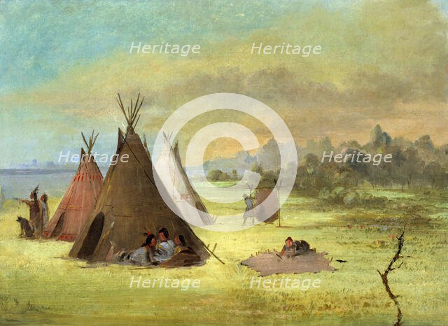 Indian Encampment, Comanche (or Kiowa) Dressing Skins, Red River, 1846-1848. Creator: George Catlin.