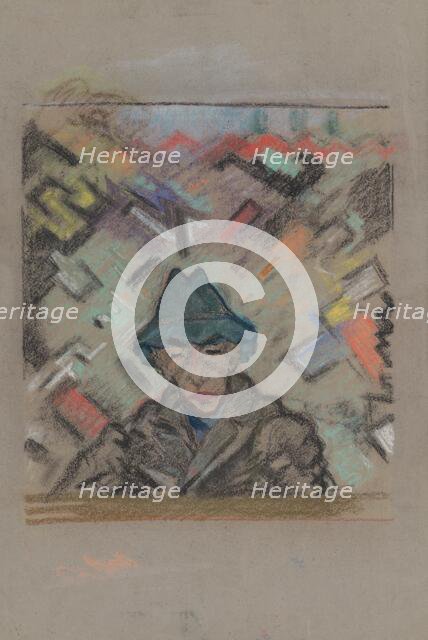 Bust man in a hat with a decorative background, around 1937. Creator: Arnold Peter Weisz-Kubincan.