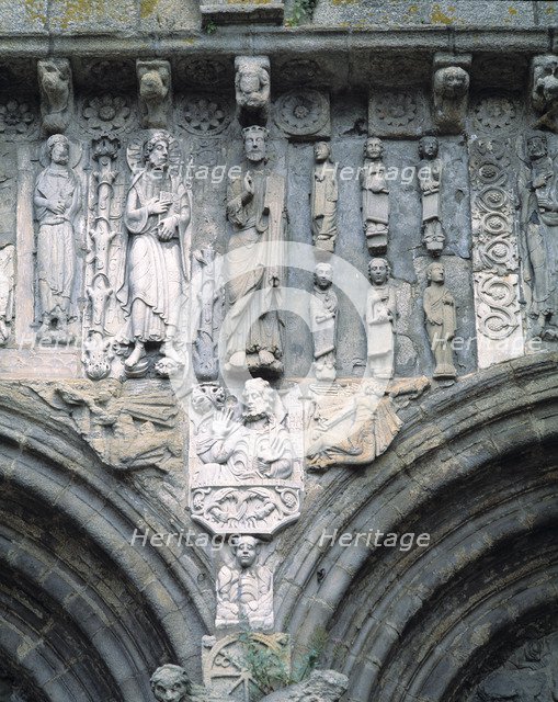 Santiago Cathedral, dated from 1103, detail of the figures of Salvador and Santiago Apostle on th…