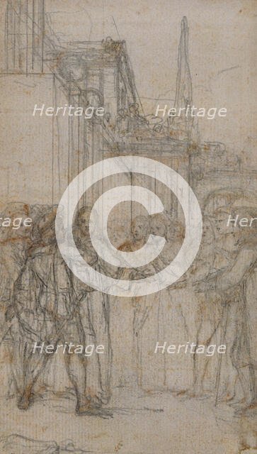 Literary Illustration: Man with Sword Confronting Group of Figures Before Building, n.d. Creator: Hubert Francois Gravelot.