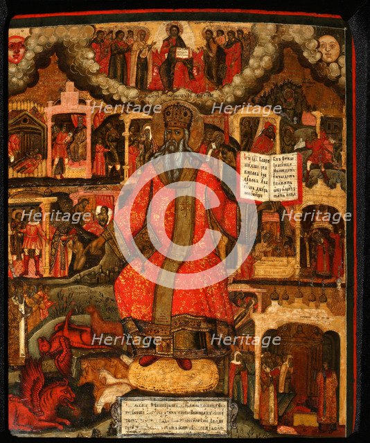 Saint Modestus, Patriarch of Jerusalem with scenes from his life, End of 17th cen.. Artist: Russian icon  
