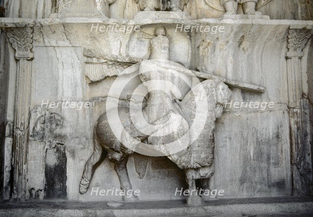 King Khosrow II riding his horse Shabdiz, Taq-e Bostan, Iran, 4th century, (1994).  Creator: Unknown.