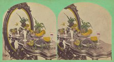 Still life of fruits on a table with mirror, about 1865. Creator: Unknown.