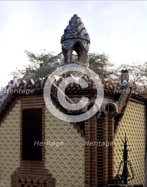 Detail of the façade of the checkpoint building in the Güell House, built between 1884 and 1887, …