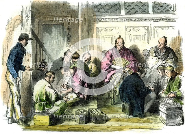Counting the compensation money for the murder of Mr Richardson, Japan, 1863.  Creator: Unknown.