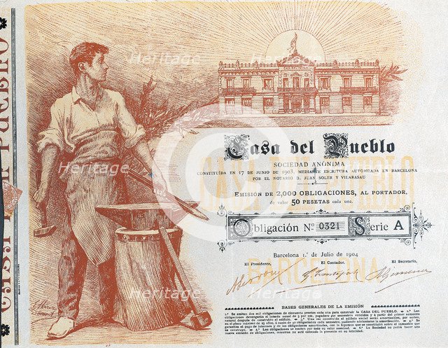 Mortgage bond of Casa del Pueblo, SA, established in Barcelona on 1st July 1904.