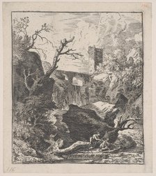 Plate 2: two figures sitting on a tree trunk on the bank of a stream in foreground,..., ca. 1700-25. Creator: Franz Joachim Beich.