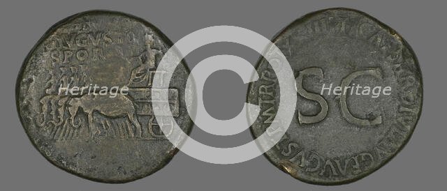 Sestertius (Coin) Portraying Emperor Augustus, 34-35. Creator: Unknown.