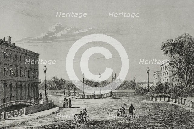 View of the Three Arches Bridge and the Field of Mars, Saint Petersburg, Russia, 1839. Creator: Augustin François Lemaitre.