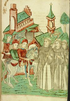 Horsemen Meeting an Abbot and Two Monks at a Monastery; Barlaam und Josaphat, 1469. Creators: Hans Schilling, Diebolt Lauber.