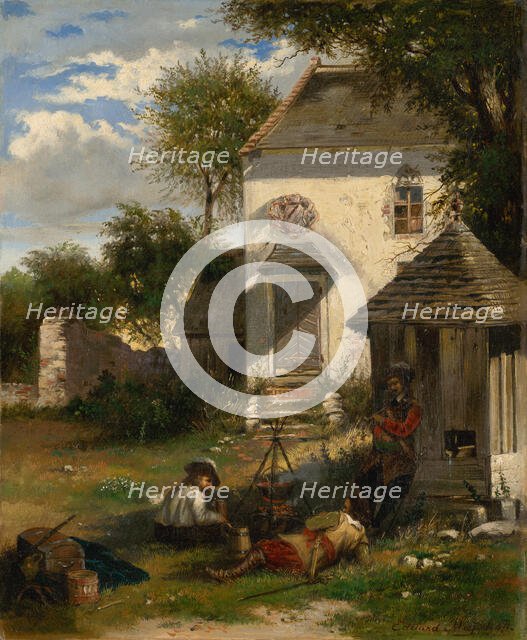 Soldiers camping in a nobleman's yard, scene from the Thirty Years' War, 1871. Creator: Eduard Majsch.