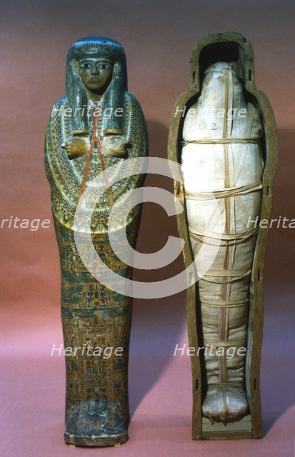 Mummy and mummy case of a princess, Ancient Egyptian, 21st Dynasty, 1069-945 BC. Artist: Unknown