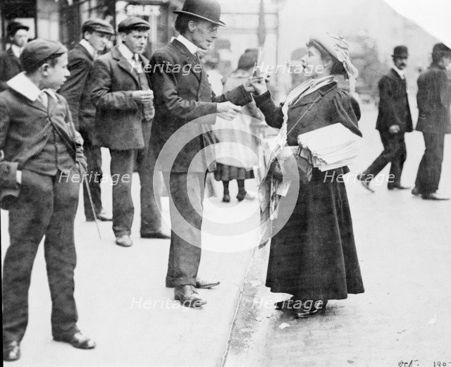 Mary Phillips selling Votes for Women in London, October 1907. Artist: Unknown