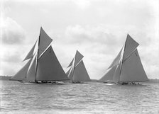 The 15-metre 'Ostaria', 'Hispania' and 'Sophie Elizabeth' racing upwind, 1911. Creator: Kirk & Sons of Cowes.