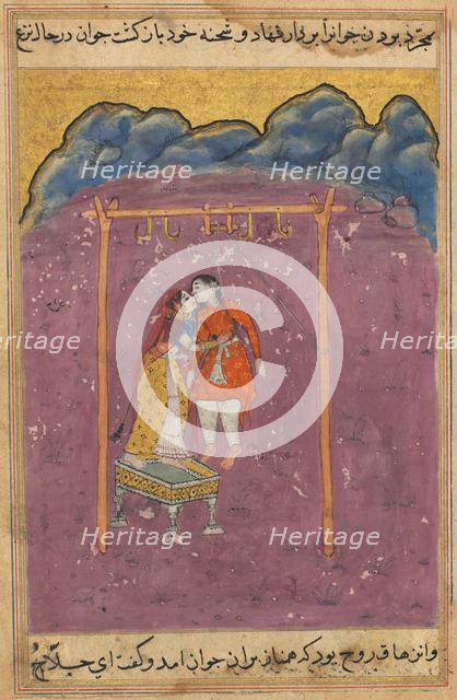 Page from Tales of a Parrot (Tuti-nama): Twenty-fifth night: The lover of Hamnaz..., c. 1560. Creator: Unknown.