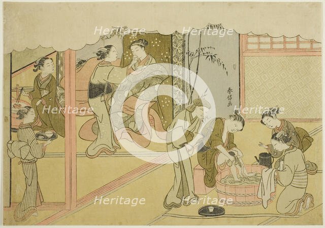 The First Childbirth (Uizan), the seventh sheet of the series "Marriage in Brocade..., c. 1769. Creator: Suzuki Harunobu.