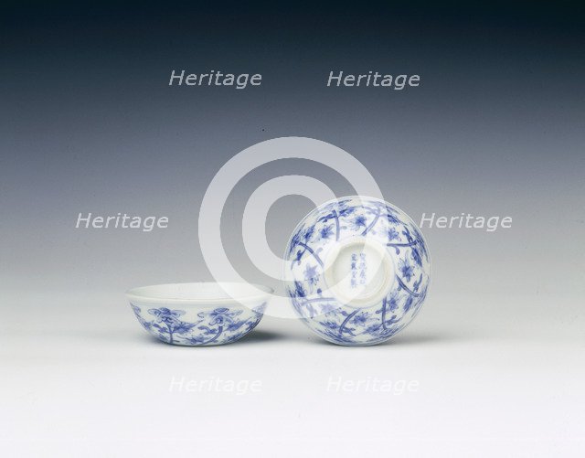 Pair of blue and white dated bowls, China, early 20th century. Artist: Unknown