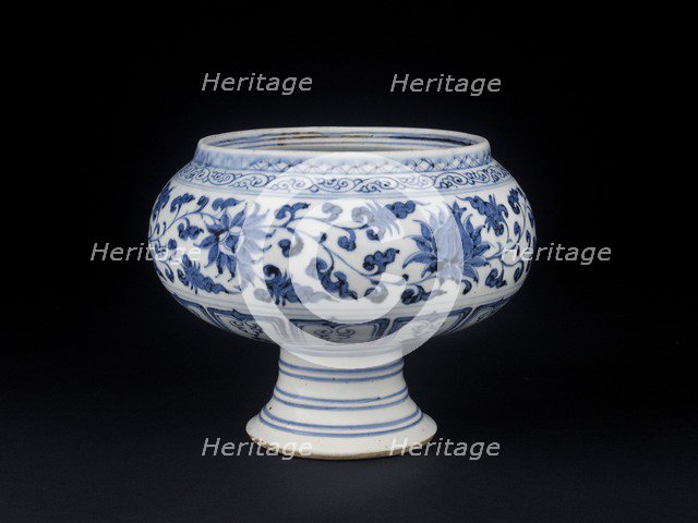 Blue-and-white stem bowl with lotus flowers and mandarin ducks, mid-14th century. Artist: Unknown.