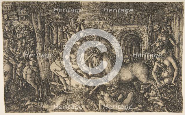 A King Pursued by a Unicorn, from the Unicorn Series, ca. 1555. Creator: Jean Duvet.