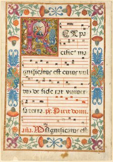 Angel Playing an Instrument in a Decorated Initial "R" with Flora, Fauna and Grotesque, from..., n.d Creator: Unknown.