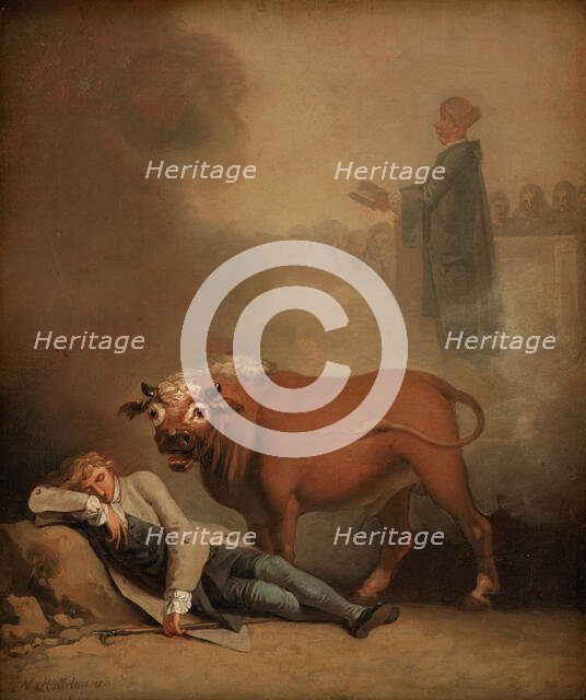 Niels Klim thinks he hears the Deacon when he is awakened by a Bull, 1785-1787. Creator: Nicolai Abraham Abildgaard.