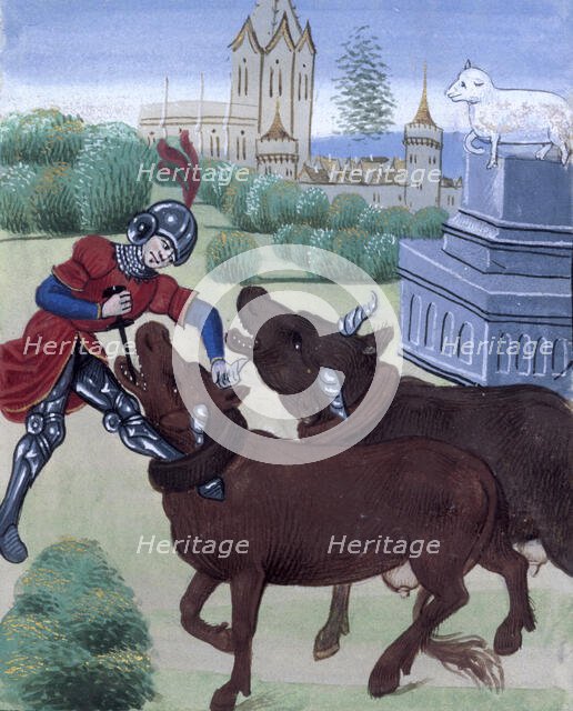 Jason yokes the oxen in his attempt to acquire the Golden Fleece, late 15th century.  Creator: Unknown.