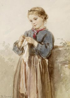 Girl Knitting, c1860. Creator: Philipp Rumpf.