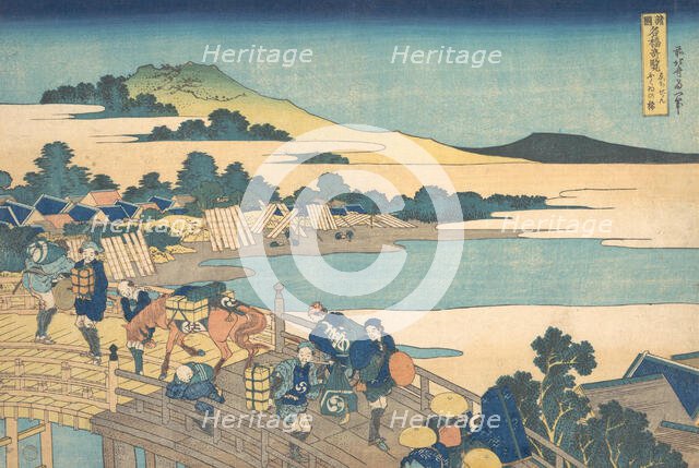 Fukui Bridge in Echizen Province (Echizen Fukui no hashi), from the series Remarkable V..., 1827-30. Creator: Hokusai.