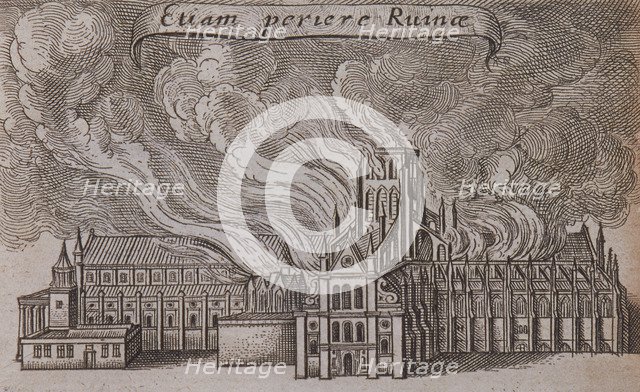 St Paul's Cathedral (old), London, on fire, 1666. Artist: Wenceslaus Hollar