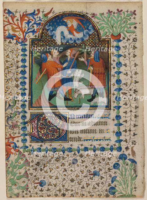 Leaf from a Book of Hours: Annunciation to the Shepherds (recto), c. 1410-20. Creator: Boethius Illuminator (Flemish, active c. 1414-20).